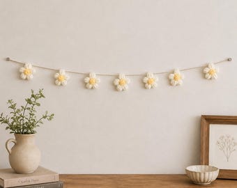 Handmade Crochet Flower Garland, Daisy Bunting, Nursery Decor, Baby Room Wall Hanging