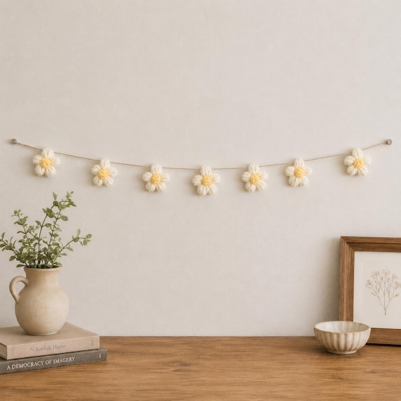 Handmade Crochet Flower Garland, Daisy Bunting, Nursery Decor, Baby Room Wall Hanging
