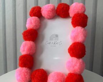 Handmade Pink Red Pom Pom Photo Frame | Colorful Nursery Decor (6x4, 5x7, 8x10)