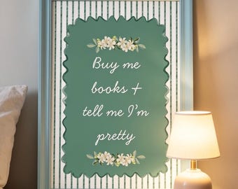Salviagrönt blommigt bokälskartryck | Väggkonst med citat om läsning (digital nedladdning)