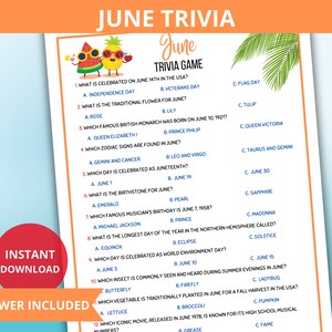 May include: A printable June trivia game with 12 questions. The questions are about holidays, birthdays, and other fun facts about the month of June. The game is decorated with a summer theme, including watermelon and palm trees.