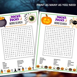 Op de afbeelding: Twee Halloween-thema woordzoekpuzzels met de tekst "Hocus Pocus Word Search". De puzzels bevatten illustraties van een ketel, spin, pompoen en oog. De zin "Print zoveel als je nodig hebt" staat bovenaan.