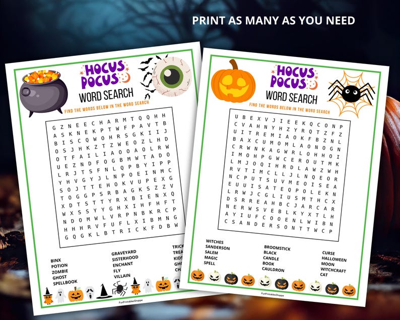 Op de afbeelding: Twee Halloween-thema woordzoekpuzzels met de tekst "Hocus Pocus Word Search". De puzzels bevatten illustraties van een ketel, spin, pompoen en oog. De zin "Print zoveel als je nodig hebt" staat bovenaan.