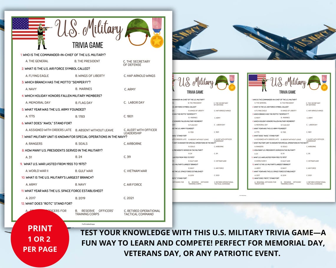 U.S. Military Trivia Game,memorial Day Party Games,military Quiz,usa ...