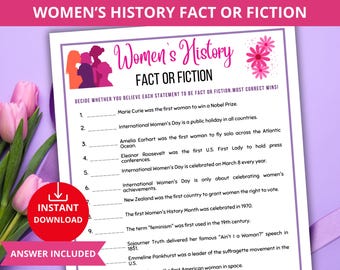 Women's History Month Fact or Fiction,Women's Day Quiz,Women's History Month Trivia,International Women's Day Game,Womens true or false game