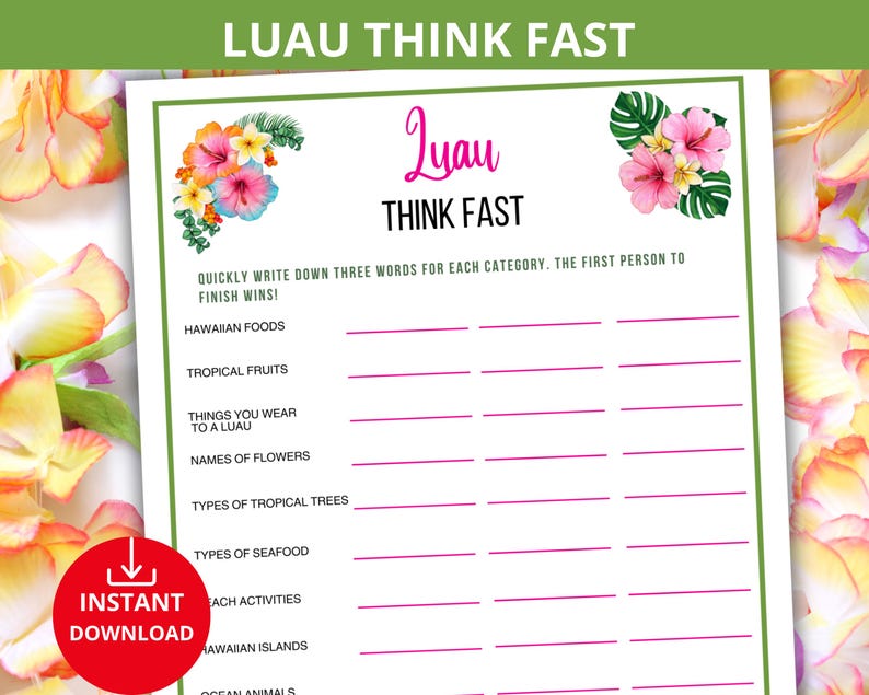 Luau Think Fast Game,luau Quiz,tropical Party Game,luau Word Game,aloha ...