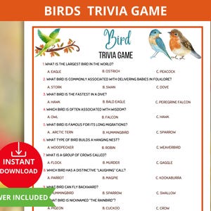 May include: A printable bird trivia game with 10 questions and multiple choice answers. The game features illustrations of birds and the text "Bird Trivia Game".