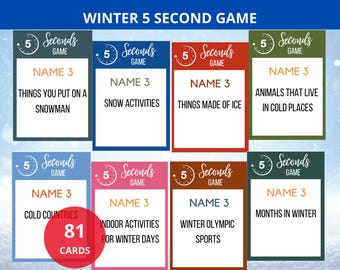 Könnte beinhalten: Ein Set von 81 Spielkarten zum Thema Winter. Jede Karte zeigt eine andere Kategorie, wie z. B. „Dinge, die man auf einen Schneemann legt“ und „Schneeaktivitäten“. Das Spiel heißt „Winter 5 Second Game“.