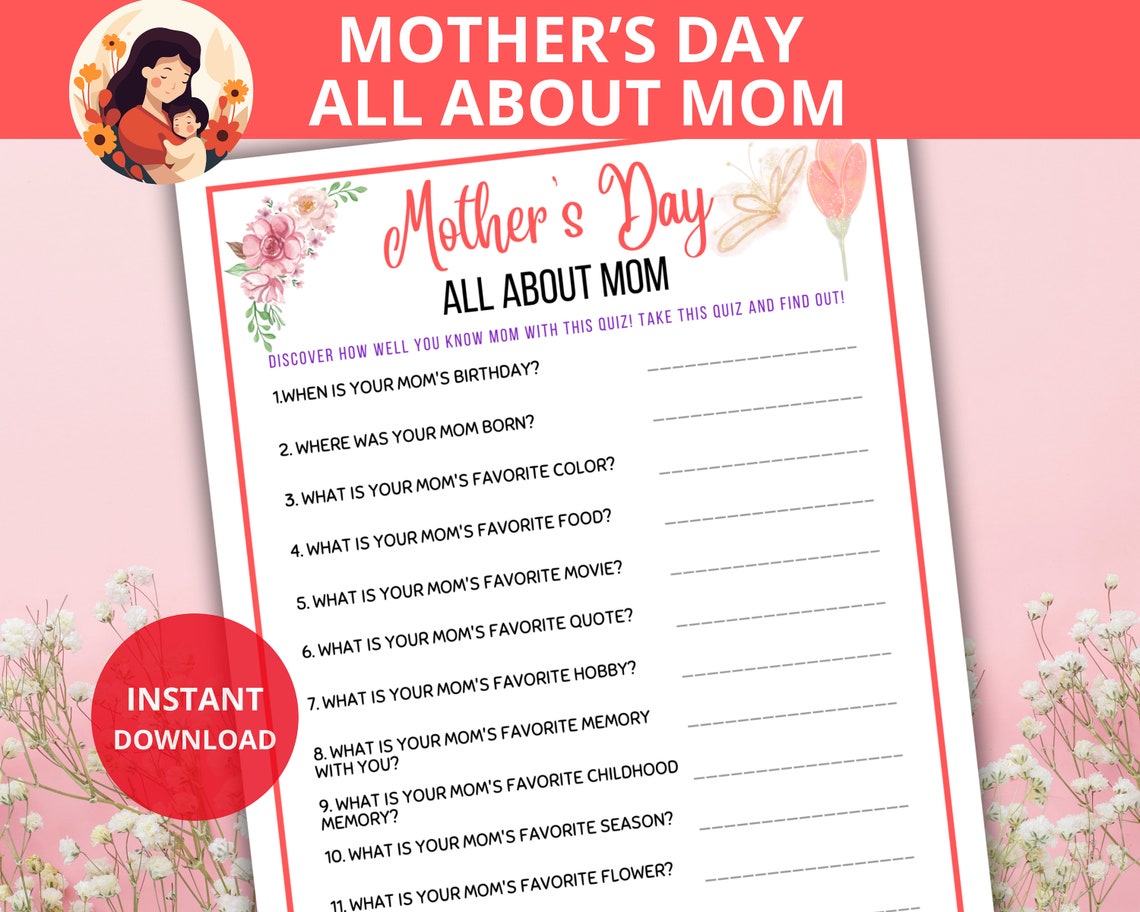 All About Mom Quiz,all About My Momma,mommy,mother's Day Printable Game ...