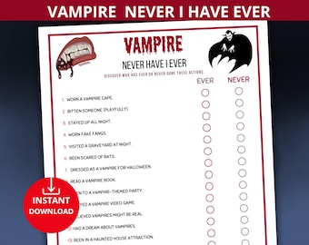 vampire party games,vampire trivia game,halloween never have I ever game,halloween vampire game,vampire birthday party,halloween icebreaker