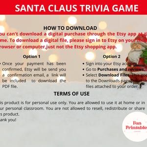 May include: A digital Santa Claus Trivia Game with instructions on how to download the PDF file. The image includes a Santa Claus figurine holding a Christmas tree. The text also includes terms of use and the Fun Printables logo.