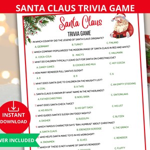 Santa Claus Trivia,fun Christmas Trivia,christmas quiz game,xmas Homeschool Worksheet,Santa Trivia game,holiday trivia game,office party