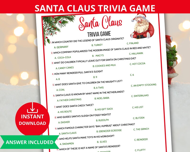 Santa Claus Trivia,fun Christmas Trivia,christmas quiz game,xmas Homeschool Worksheet,Santa Trivia game,holiday trivia game,office party