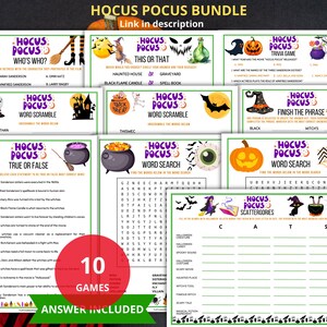 Op de afbeelding: Een bundel van 10 Halloween-spellen met de titel "Hocus Pocus". De spellen omvatten trivia, woordzoekers en een waar of onwaar spel. De bundel bevat een antwoordsleutel en bevat Halloween-afbeeldingen.