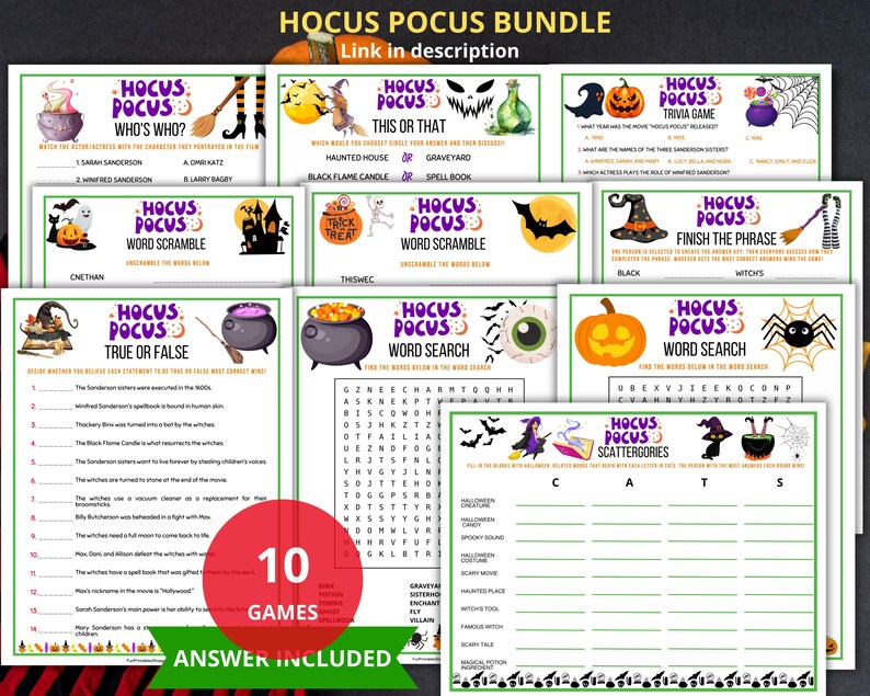 Op de afbeelding: Een bundel van 10 Halloween-spellen met de titel "Hocus Pocus". De spellen omvatten trivia, woordzoekers en een waar of onwaar spel. De bundel bevat een antwoordsleutel en bevat Halloween-afbeeldingen.