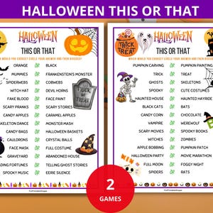 May include: Two Halloween "This or That" game sheets with purple borders. The sheets present spooky choices such as "Orange or Black" and "Pumpkin Carving or Pumpkin Painting." A red circle indicates "2 Games."