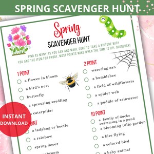 Spring Scavenger Hunt,springtime games,Printable Games for Adults,spring treasure hunt,family games,spring party games,spring trivia,quiz