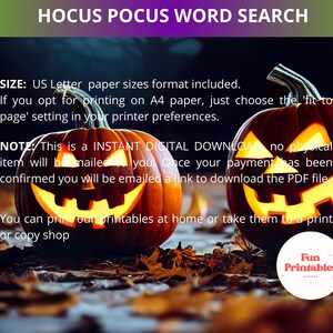 Op de afbeelding: Een digitale Halloween-print met twee uitgesneden pompoenen met verlichte gezichten. De tekst "Hocus Pocus Word Search" staat bovenaan. De afbeelding bevat afdrukinstructies en een "Fun Printables"-logo.