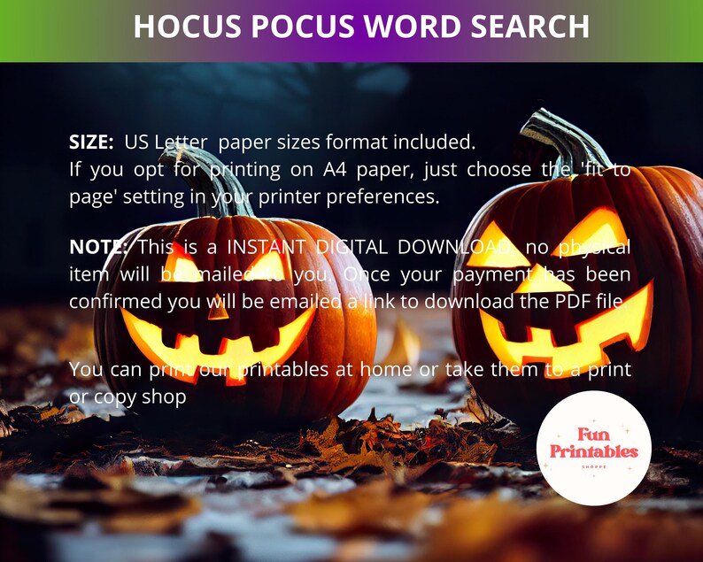 Op de afbeelding: Een digitale Halloween-print met twee uitgesneden pompoenen met verlichte gezichten. De tekst "Hocus Pocus Word Search" staat bovenaan. De afbeelding bevat afdrukinstructies en een "Fun Printables"-logo.