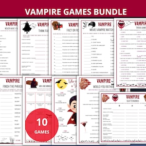 Könnte beinhalten: Ein Paket mit zehn Spielen zum Thema Vampire, darunter Quiz- und Zuordnungsspiele. Die Karten sind rot und schwarz, mit Vampirbildern und Text. Das Bundle ist für Unterhaltung gedacht.