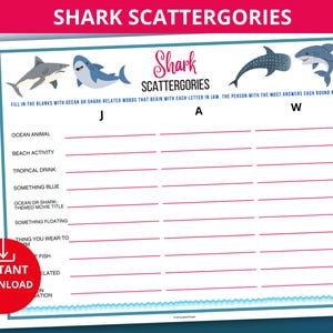 shark Scattergories,shark week game,shark birthday activity,summer game,baby shark game,shark trivia quiz,ocean animals game,shark party gam