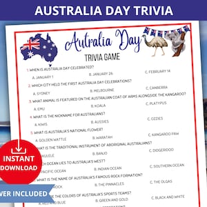 May include: A printable Australia Day trivia game with 8 questions. The questions cover topics like the date of Australia Day, the first city to celebrate it, the animal on the Australian coat of arms, the nickname for Australians, the national flower, the traditional instrument of Aboriginal Australians, the ocean to the west of Australia, and the famous rock formation. The game includes an answer key.