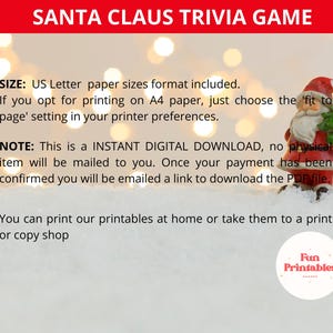 May include: A festive image with the text "SANTA CLAUS TRIVIA GAME" in red. A small Santa Claus figurine holding a Christmas tree is on the right. The text also mentions the game is a digital download.