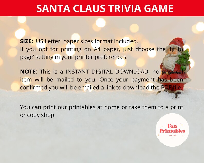May include: A festive image with the text "SANTA CLAUS TRIVIA GAME" in red. A small Santa Claus figurine holding a Christmas tree is on the right. The text also mentions the game is a digital download.