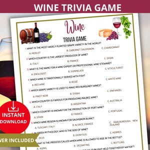 Wine Trivia Game,Wine Party Game,Wine Tasting Party,Wine Knowledge Quiz,Wine Quiz,dinner party trivia,Wine night game,wine cheese tasting