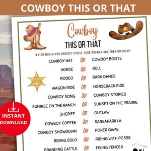Cowboy This or That,Western Party game,Wild West Party,Cowboy Birthday Party,country western game,cowboy party ideas,cowboy trivia quiz game