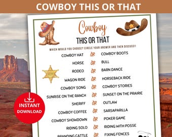 Cowboy This or That,Western Party game,Wild West Party,Cowboy Birthday Party,country western game,cowboy party ideas,cowboy trivia quiz game