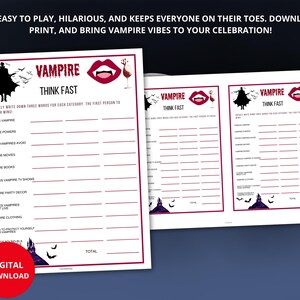 May include: A digital download of a Vampire Think Fast game. The game features a red and black color scheme with vampire-themed graphics. The game includes categories like famous vampires, vampire powers, and vampire movies.