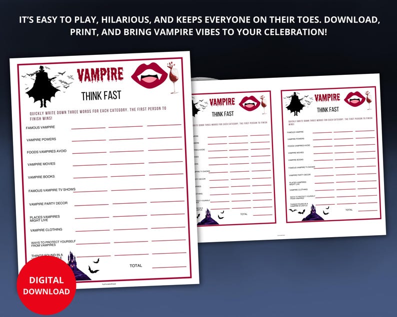 May include: A digital download of a Vampire Think Fast game. The game features a red and black color scheme with vampire-themed graphics. The game includes categories like famous vampires, vampire powers, and vampire movies.