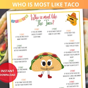 Who is Most Like the Taco,mexican party game,Taco Tuesday Game,Taco Party Game,fiesta games,taco Tuesday,cinco de mayo game,food trivia quiz