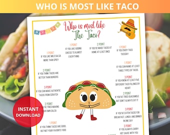 Who is Most Like the Taco,mexican party game,Taco Tuesday Game,Taco Party Game,fiesta games,taco Tuesday,cinco de mayo game,food trivia quiz