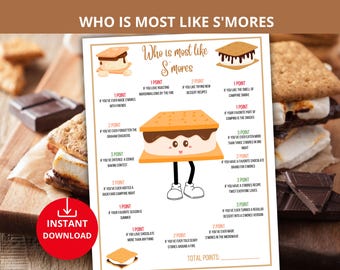 Who is most like S'mores,s’mores party game,S'Mores trivia quiz,Camping Party Game,Kid Camp Game,Summer Camp game,S'Mores Baby Shower