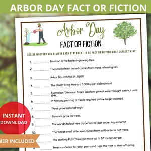Könnte beinhalten: Ein druckbares Arbor Day Fact or Fiction Spiel mit 12 Fragen über Bäume. Das Spiel ist für Freunde und Familie gedacht. Das Spiel enthält einen Lösungsschlüssel.