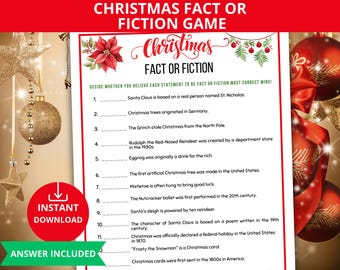 May include: A festive Christmas Fact or Fiction game, printed on a white background with red accents. The game features statements about Christmas traditions. The words "Christmas Fact or Fiction Game" are at the top. "Instant Download" is also visible.