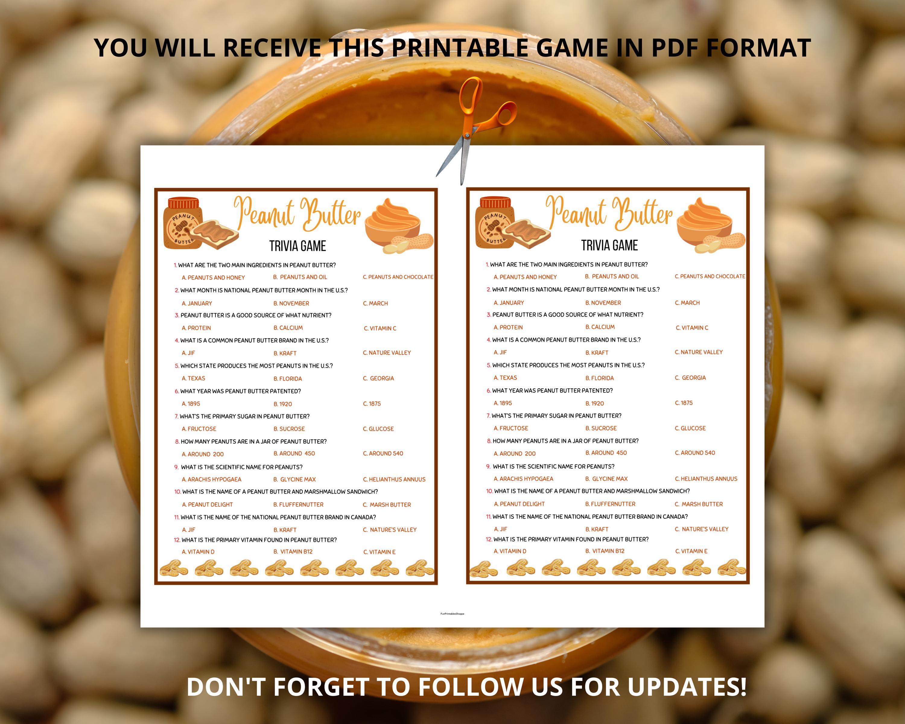 Peanut Butter Trivia Game,pb&j Trivia,peanut Fact Trivia,food Trivia ...