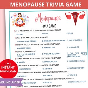 Op de afbeelding: Een printbaar menopauze-trivia-spel met 9 vragen en meerkeuzeantwoorden. Het spel bevat een cartoonillustratie van een vrouw en een baarmoeder.