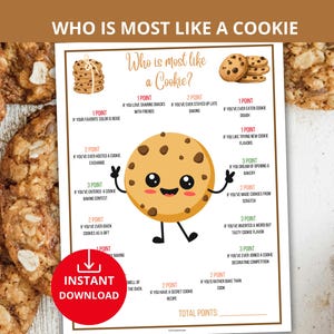 以下が含まれることがあります： 「クッキーに一番似ているのは誰？」というタイトルの印刷可能なゲームシートには、漫画のクッキーのキャラクターとクッキーの好みの質問が掲載されています。 このゲームは、即時ダウンロード用に設計されています。
