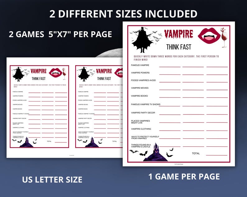 Add a spooky twist to game night with this Vampire Think Fast game! Perfect for Halloween parties, family gatherings, or classroom fun, it challenges players to come up with quick answers under pressure.
 It’s easy to play, hilarious, and keeps everyone on their toes. Download, print, and bring vampire vibes to your celebration!