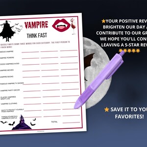 May include: A printable vampire-themed party game with fill-in-the-blank categories like "Famous Vampire" and "Vampire Movies." The game sheet has a red border and includes graphics of bats, a vampire, and a castle. A purple pen is shown next to the game.