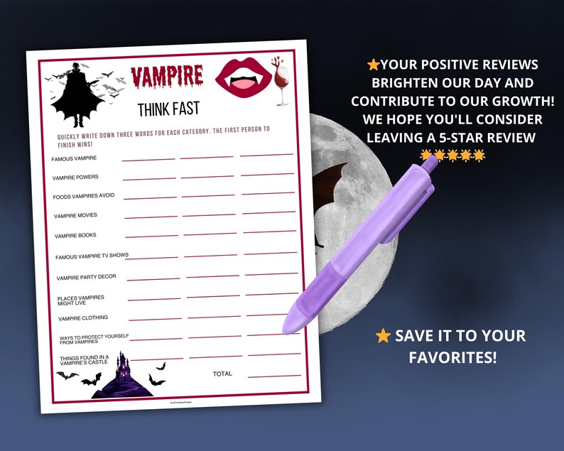 May include: A printable vampire-themed party game with fill-in-the-blank categories like "Famous Vampire" and "Vampire Movies." The game sheet has a red border and includes graphics of bats, a vampire, and a castle. A purple pen is shown next to the game.