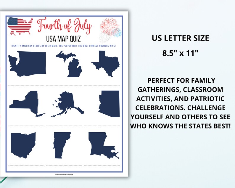 United States Map Quiz,patriotic Trivia,4th of July Activity,us ...