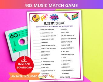 90s Music Trivia Game,90s music match game,90s Party Quiz,Back to the 90s,retro Music Quiz,90s game night,birthday 90s game,90 playlist game