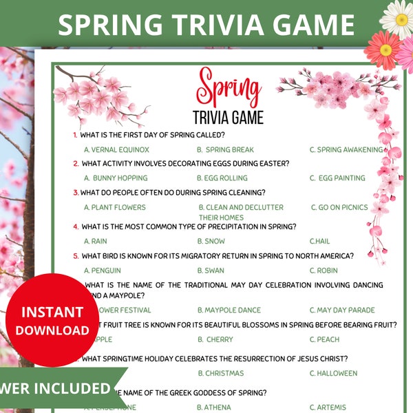 Spring Trivia Game, Fun Spring Questions, Spring Activity for Kids,Spring Quiz Game, Springtime Games, Spring School Games,Ice Breaker Games