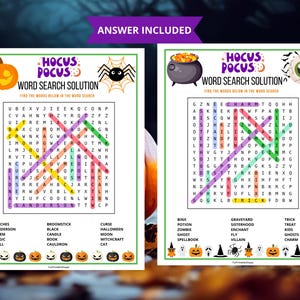Op de afbeelding: Twee Halloween-woordzoekpuzzels met de tekst "Hocus Pocus Word Search Solution". De puzzels bevatten illustraties van een pompoen, spin, ketel en oogbal. De antwoordsleutel is inbegrepen. De puzzels zijn ontworpen voor Halloween.