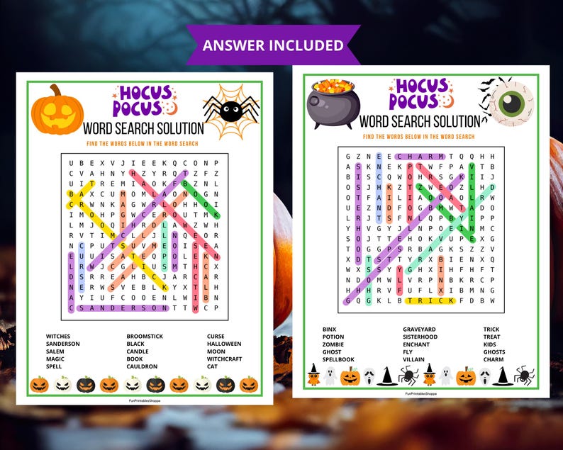 Op de afbeelding: Twee Halloween-woordzoekpuzzels met de tekst "Hocus Pocus Word Search Solution". De puzzels bevatten illustraties van een pompoen, spin, ketel en oogbal. De antwoordsleutel is inbegrepen. De puzzels zijn ontworpen voor Halloween.