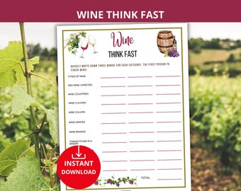 wine think fast,wine Party Game,wine trivia quiz,wine night game,drinking game,girls night game,bachelorette party game,wine lovers activity